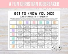 a fun christian icebreakerr game with dices on it and the words get to know