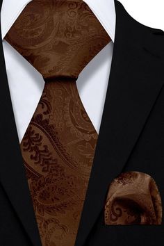 Brown Paisley Tie and Pocket Square Set | Gentleman's Guru Brown Pocket Square, All Black Tux, Chocolate Brown Wedding, Mens Neckwear, Pocket Square Size, Suit Man, Black Suit Men, Suit Ideas, Groom Ties