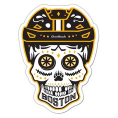 a sticker with a skull wearing a helmet and the word boston on it's side