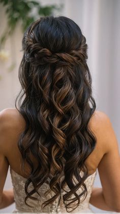 Chic and Flawless: 15 Half Up Half Down Wedding Hairstyles that’ll Wow Your Guests - pulsepathlife.com Half Up Half Down Long Hairstyles Wedding, Hair For Matric Farewell, Bridal Hair Curled Half Up Half Down, Reception Bridesmaid Hairstyle, Hairstyles For Weddings Long Hair, Medium Length Hair Styles Half Up Half Down, Wedding Hairstyles Dark Hair Half Up, Wedding Hairstyles Half Up Half Down Black Hair, Bridal Hair With Braid Half Up