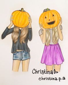 two girls with pumpkins on their heads, one is holding the other's head