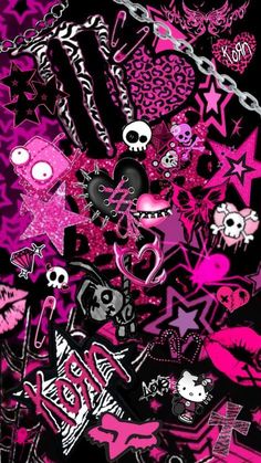 a bunch of stickers that are on the side of a phone case with pink and black