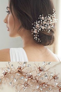 a woman wearing a bridal hair comb with crystal stones and leaves on the side