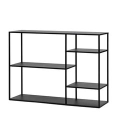 a black shelf with three shelves on each side and one shelf below the shelf is empty