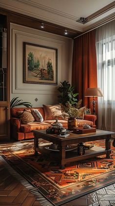 a living room filled with furniture and a painting on the wall next to a window