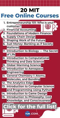 a poster with the words free online courses in red and white, including an image of a