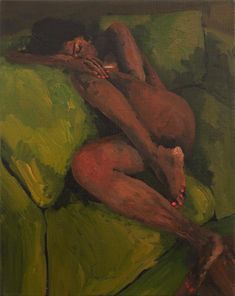 a painting of a naked woman laying on a green couch