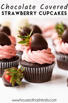 chocolate covered strawberry cupcakes with strawberries on top