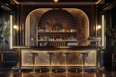 an elegant bar with three stools in front of the bar and gold trimming