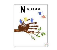 the letter n is for nest with handprints on it and birds flying around