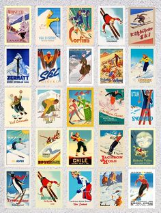 a collage of vintage ski posters from the 1950's