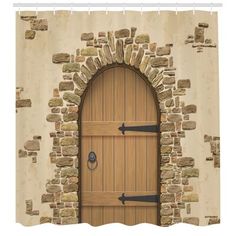 an image of a wooden door that is in a stone wall with brick and wood