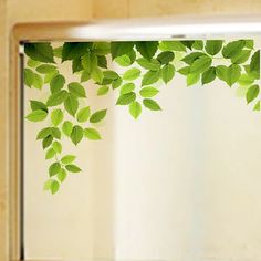 green leaves are growing on the side of a window sill in front of a mirror