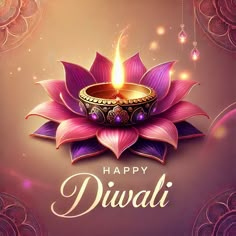 happy diwali greeting card with purple flower and lit candle