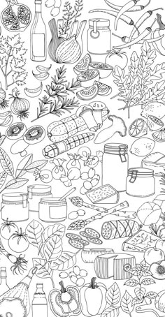 a coloring page with lots of different foods and vegetables on the top one is black and white