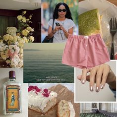 there is a collage with pictures and words about food, drink, and fashion