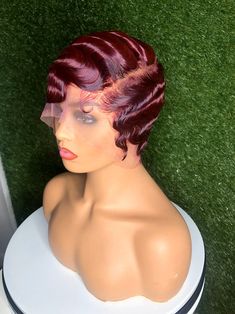 Wine Burgundy Finger Wave/Full Lace | Etsy Finger Wave Wig, 40s Hairstyles, Short Cut Wigs, Finger Wave Hair, Finger Wave, 1920s Hair, Brazilian Hair Wigs, Bridal Styles, Finger Waves