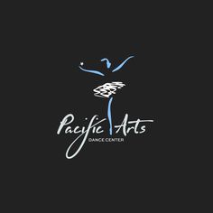 the pacific arts dance center logo on a black background with blue and white lines around it