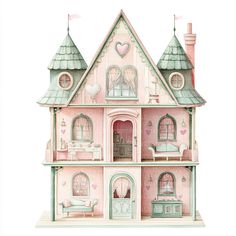 a drawing of a pink doll house with lots of windows and furniture on top of it