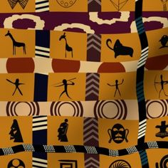 an image of a pattern with different symbols on it, including people and animals in the background