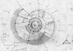 a drawing of a circular structure with lots of drawings on the side and inside it