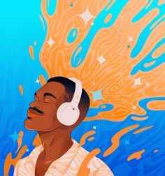 a painting of a man with headphones on his ears, in front of an orange and blue background