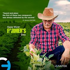 a man sitting in a field with a hat on his head and holding a plant