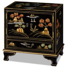 Magnificent in rich black satin finish, hand painted scenery and a classic Chinoiserie motif decorate the entire cabinet. The design continues on the top and sides of the cabinet with subtle gold accents throughout. One drawer and a two door cabinet provide ample storage space. Perfect for the great room or bedroom as a side table. Matching brass hardware complements the overall look.