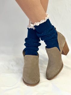 BOOTIE  lace slouch  socks - navy Our popular navy tweed lace slouch socks are the ideal addition to your booties and ankle boots. Crafted in the USA with a timeless knit, this lace slouch sock can be pulled up with boots or folded over for an alternative look. Adored since 1992, our slouch socks were among the most sought-after in the 90's and remain a fashion staple to this day. made in america sock is 9" from heel to toe 1/2" natural cotton lace 90% cotton 10% nylon one size fits most women 7 Tweed Boots Women, Short Boot Socks, Lace Boot Socks, Women's Fall Fashion, Slouch Socks, Stylish Socks, Hiking Women, Boot Socks, Fashion Socks