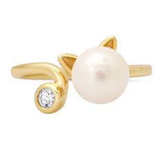 This 14k Gold Over Silver Kitty Cat & Diamond CZ Pearl Ring is a delightful blend of whimsy and elegance. It features a charming kitty cat design along side a bezel-set Diamond CZ stones. Crafted from high-quality sterling silver, this ring adds a touch of playful sophistication to any outfit, making it a perfect choice for cat enthusiasts and those who appreciate unique, stylish jewelry.  A matching earring & pendant is available in our shop!  Stamped 925 Genuine freshwater Pearl - 7mm-8mm Simu Elegant Round Ring With Cat Design, Elegant White Jewelry With Cat Design, Elegant White Cat Design Jewelry, Charming Kitty, August Birthstone Jewelry, July Birthstone Jewelry, Bezel Set Diamond, Gifts For New Mums, Cat Jewelry