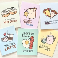 four greeting cards with different types of food and drink on them, one has a slice of pizza