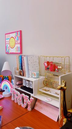 a desk with many items on top of it