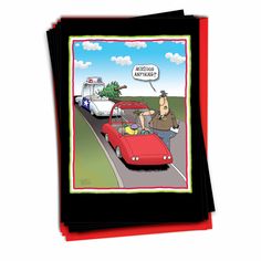 a card with an image of a man in a red car driving down the road