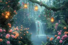 an image of a waterfall in the forest with lanterns hanging from it's branches