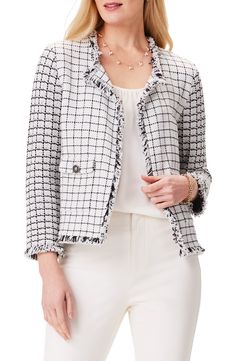 An allover grid pattern adds major polish to a fitted cotton-blend jacket with a rich mix of tweedy textures outlined in plush fringe. 20" shortest length; 22 1/2" longest length Open front Winged lapels Front button-flap pockets 64% cotton, 19% polyester, 9% nylon, 8% acrylic Hand wash, dry flat Imported Knit Pocket, Womens Tweed, Pull Sweat, Pocket Jacket, Tweed Fabric, Blazer And Shorts, Vintage Plaid, Tweed Blazer, Short En Jean