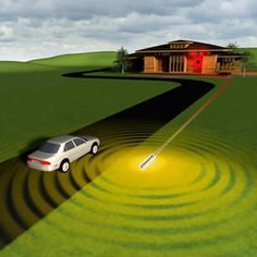 a car is driving through an intersection with a laser on the road and a house in the background