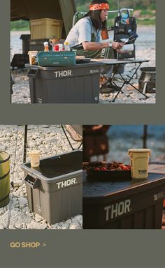 there are two pictures of people sitting in camping chairs and one has a cooler on the ground