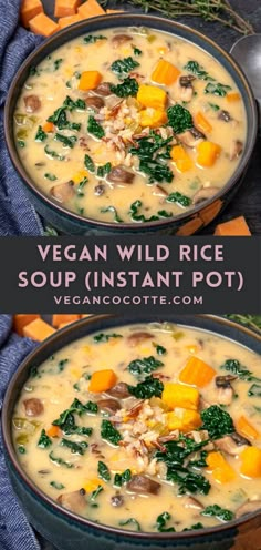 two bowls of vegan wild rice soup with carrots and spinach