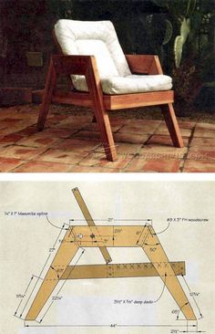 the plans for an outdoor chair are shown in two different views, one is made from wood