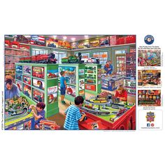 two children are playing in a toy store with toys on the shelves and around them