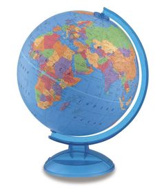 an image of a blue and yellow globe on a stand with the world in it