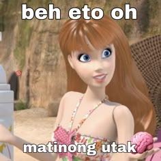 a girl in a bathing suit holding a pink object with the caption, beh eto oh matinong utak