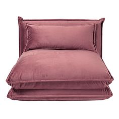 an image of a bed with pillows and blankets on it's back side in pink color