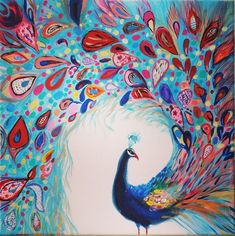 a painting of a peacock with lots of feathers on it's head and tail