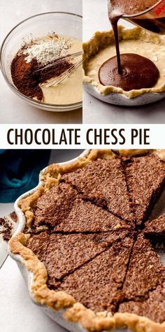 chocolate chess pie is shown in three different pictures and has been cut into pieces to make it