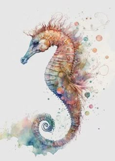 a watercolor painting of a seahorse on a white background with swirls and bubbles