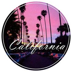 the words california in front of palm trees at sunset with pink and blue sky behind them