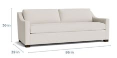 a white couch is shown with measurements for the back and arm ends on it's sides