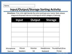 a computer screen with the words output / storage sorting activity on it, and an image of