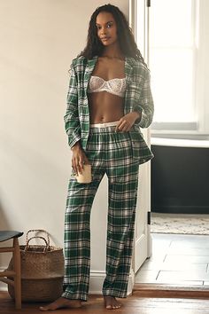 Includes buttondown top and pull-on pants Cotton Chest patch pocket Side slant pockets Machine wash Imported | Long-Sleeve Flannel Pajama Set by Eberjey, Women's, Size: Largearge, Cotton at Anthropologie Plaid Cotton Sleepwear For Loungewear, Plaid Cotton Sleepwear For Lounging, Eberjey Pajamas, Comfortable Plaid Cotton Sleepwear, Winter Loungewear, Plaid Cotton Sleepwear, Cozy Long Sleeve Plaid Sleepwear, Flannel Pajama Sets, Flannel Pajamas